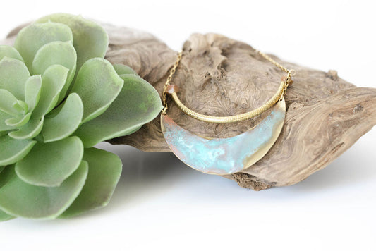 patina crescent moon necklace with golden arch accent by Real to the Roots