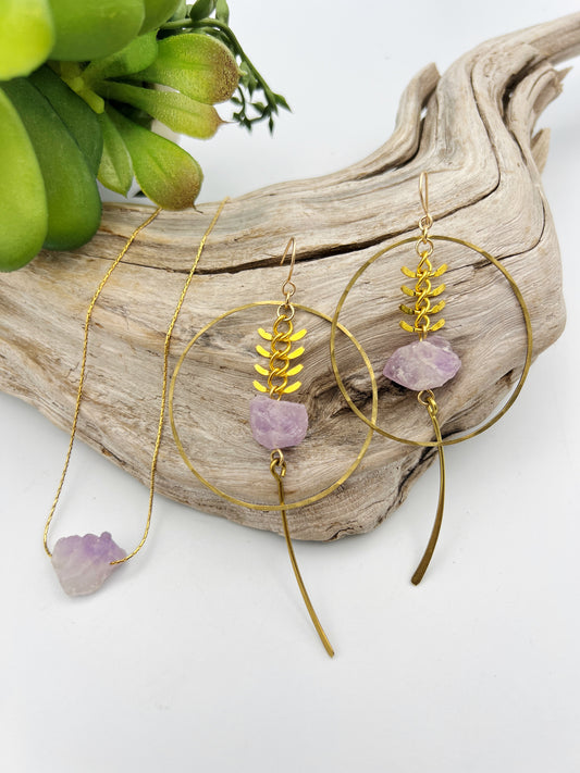 Raw Amethyst Hoops and Necklace
