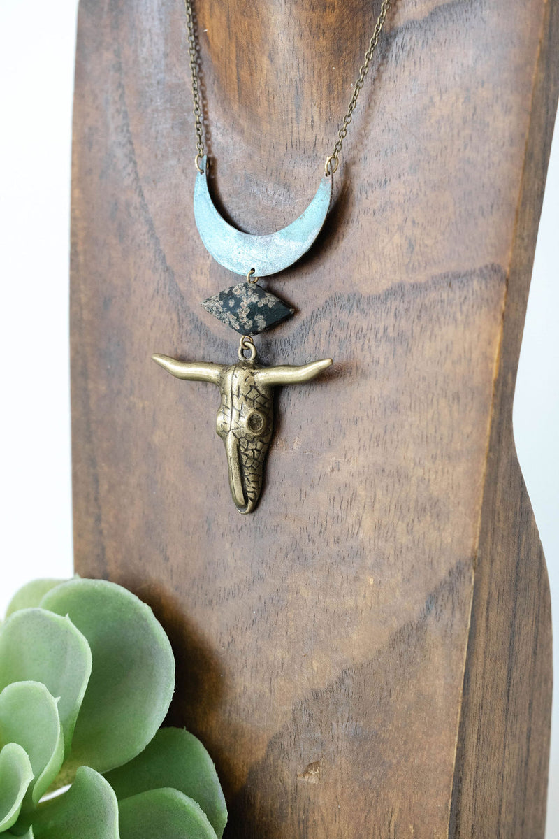 Moonstruck Range Rider | Patina Crescent & Longhorn Skull Necklace