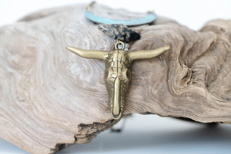 Moonstruck Range Rider | Patina Crescent & Longhorn Skull Necklace