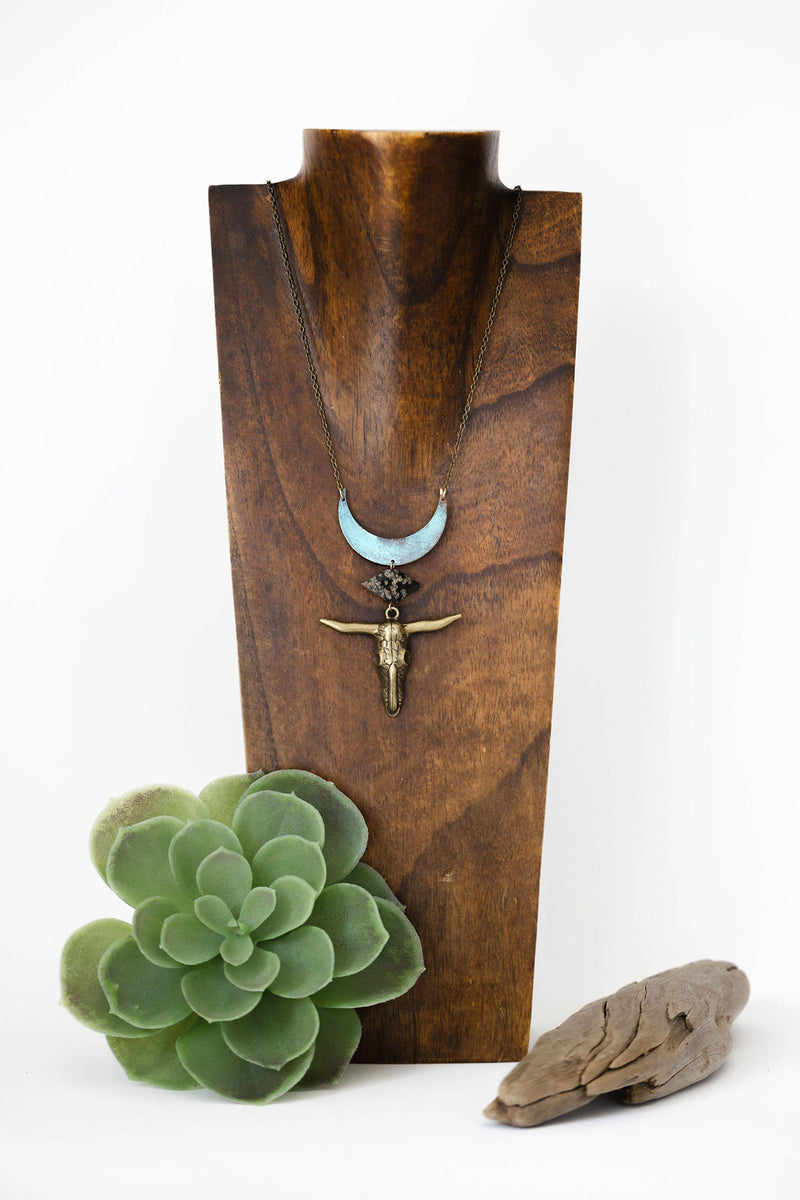 Moonstruck Range Rider | Patina Crescent & Longhorn Skull Necklace