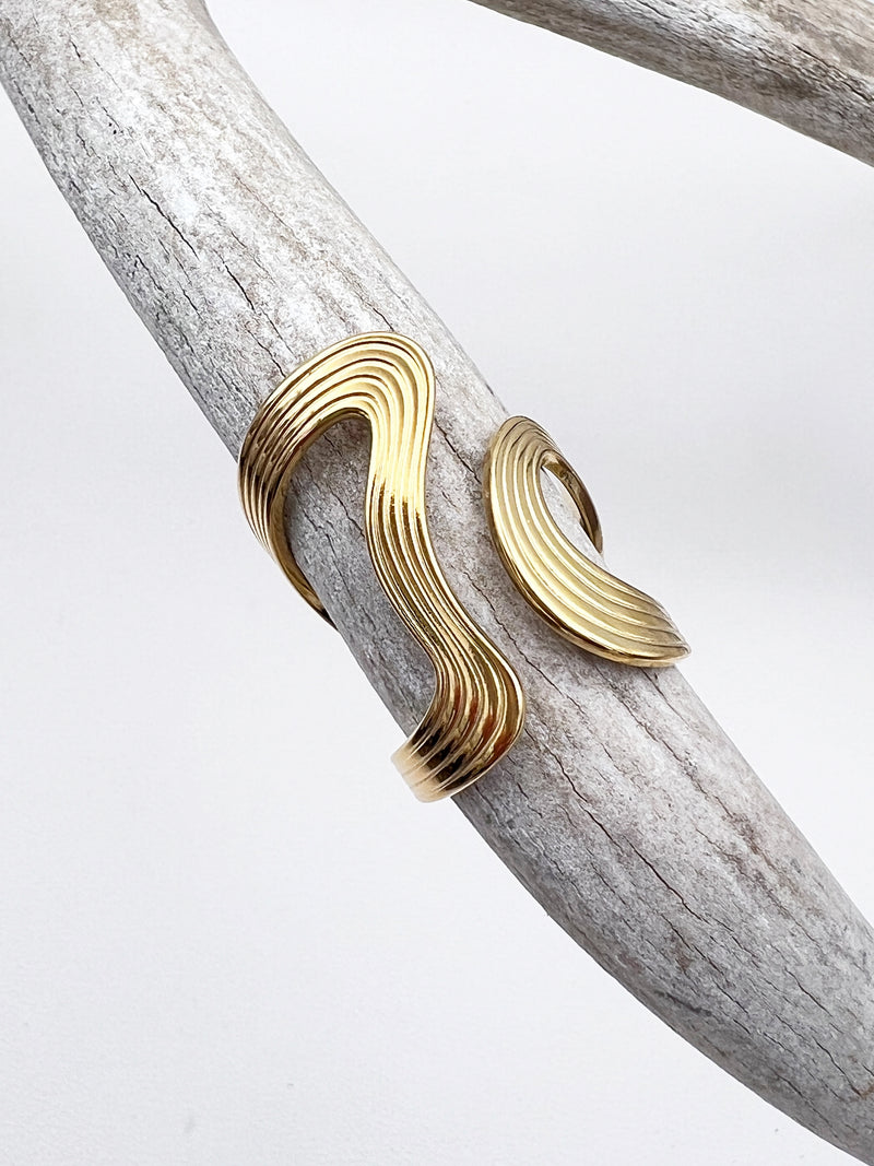 Gold ring on a deer antler with a white background