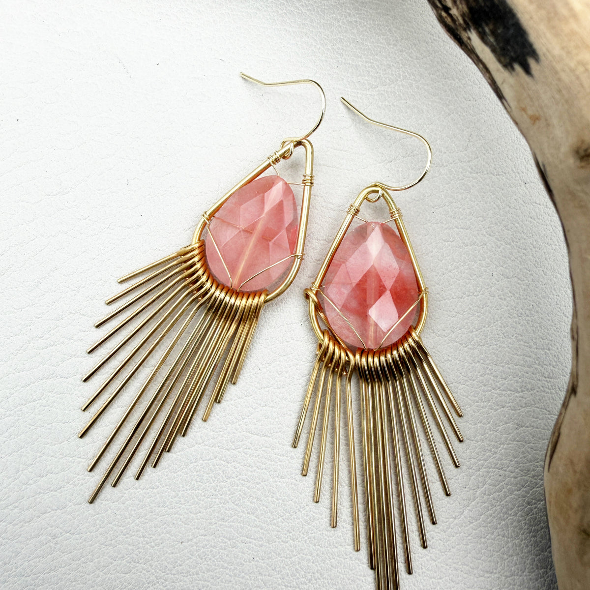Handmade brass sunburst earrings with natural gemstone teardrops, lightweight boho statement earrings available in aquamarine, angelite, black onyx, jade, jasper and quartz.