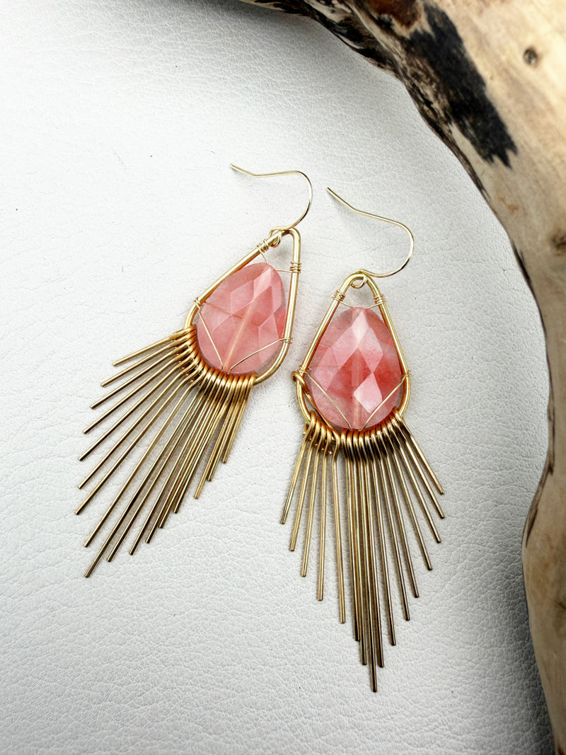 Handmade brass sunburst earrings with natural gemstone teardrops, lightweight boho statement earrings available in aquamarine, angelite, black onyx, jade, jasper and quartz.