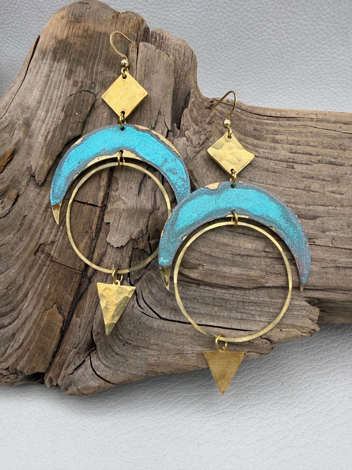 Lunar Orbit Earrings | Patina Crescent Moon Hoops