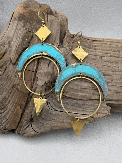Lunar Orbit Earrings | Patina Crescent Moon Hoops