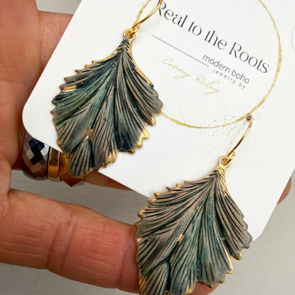 Cadet Blue Patina Leaf Earrings