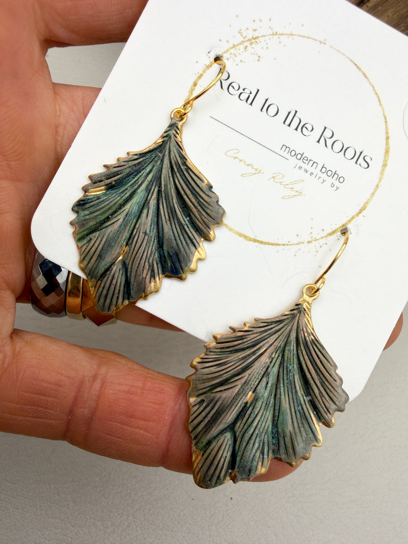 Cadet Blue Patina Leaf Earrings