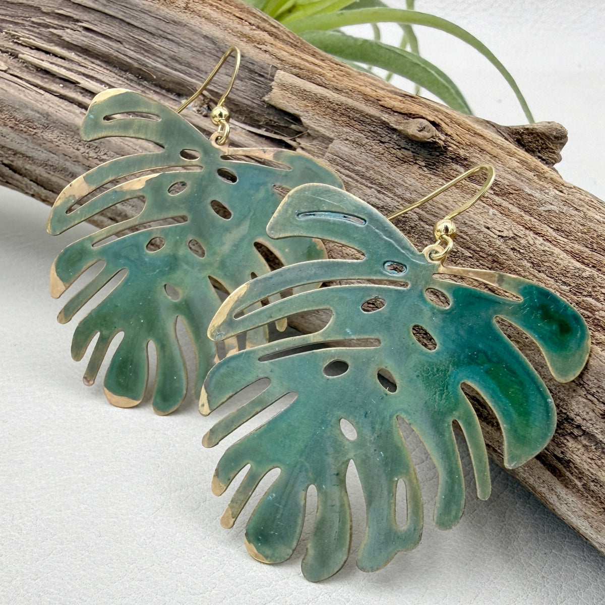 Verde Patina Monstera Earrings