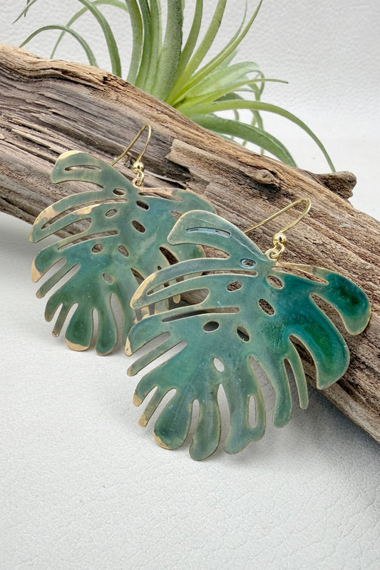 Verde Patina Monstera Earrings
