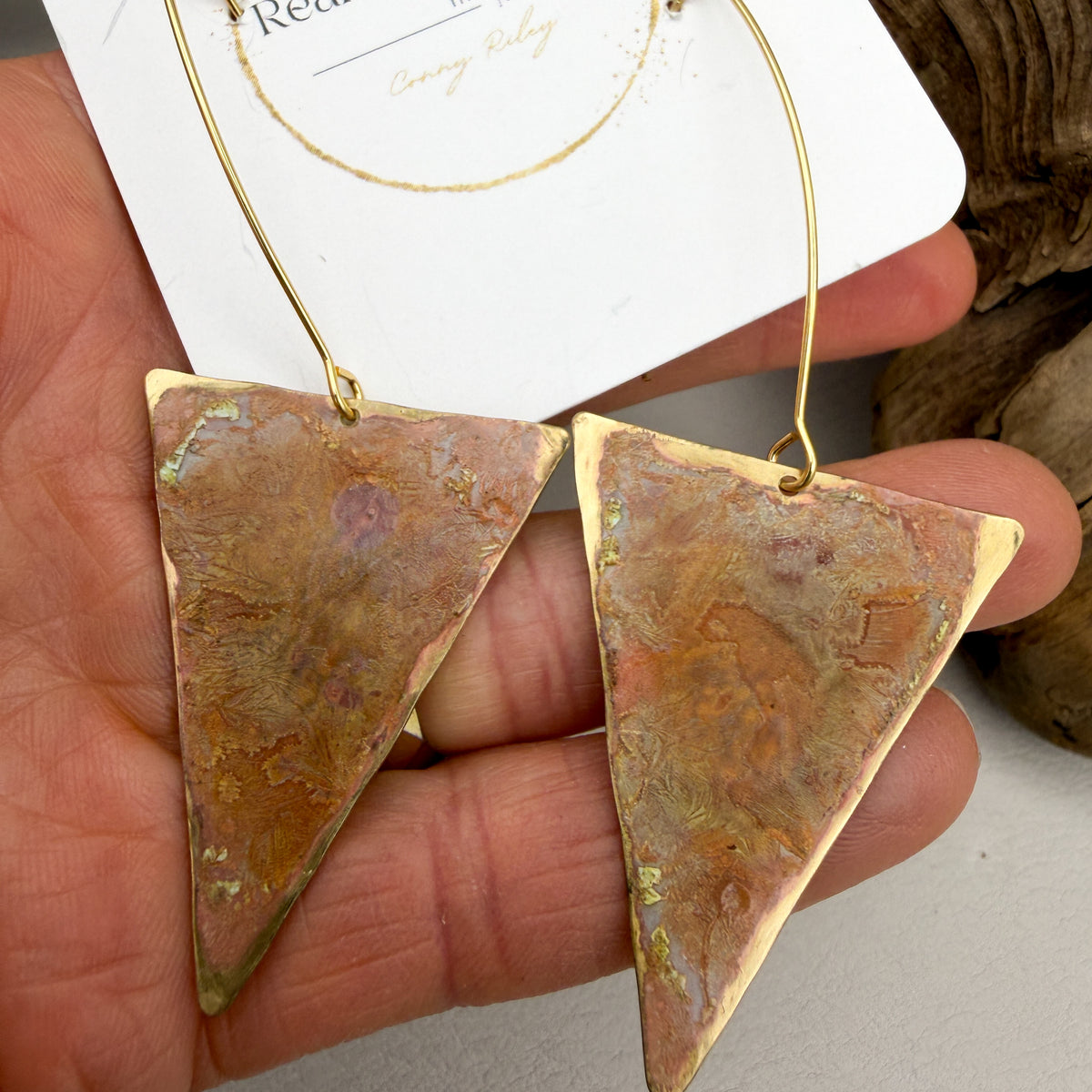 Geometric Coral Patina Triangle Earrings