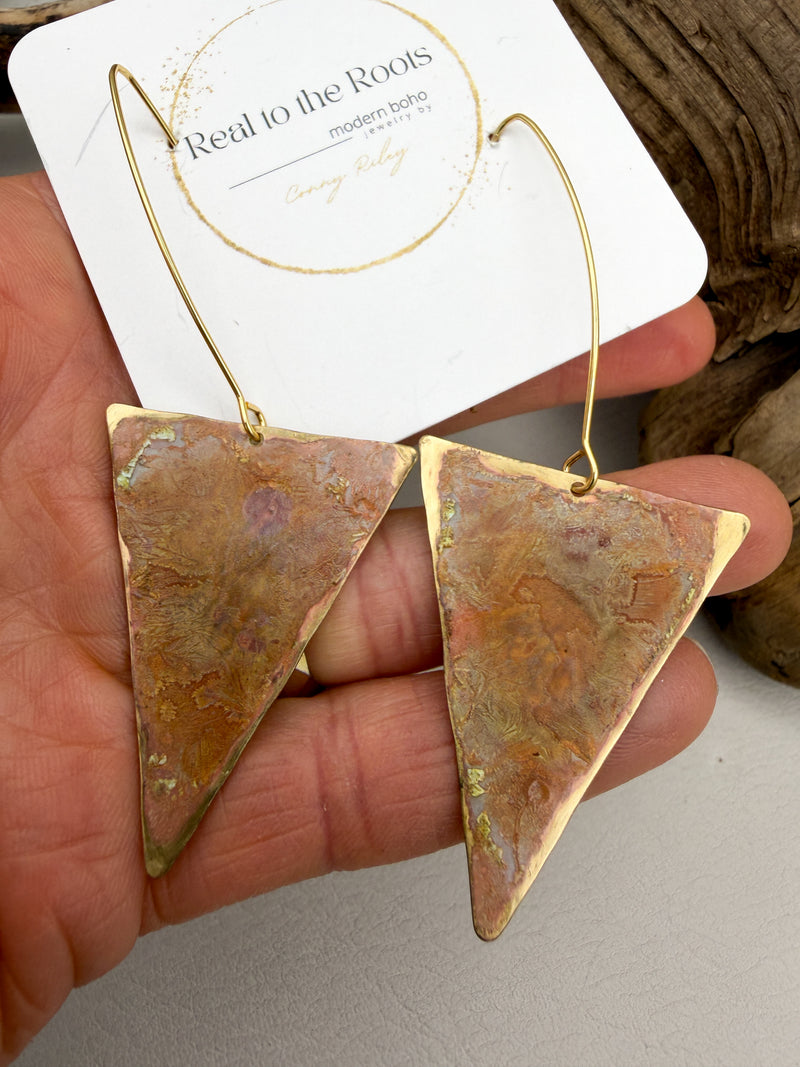 Geometric Coral Patina Triangle Earrings