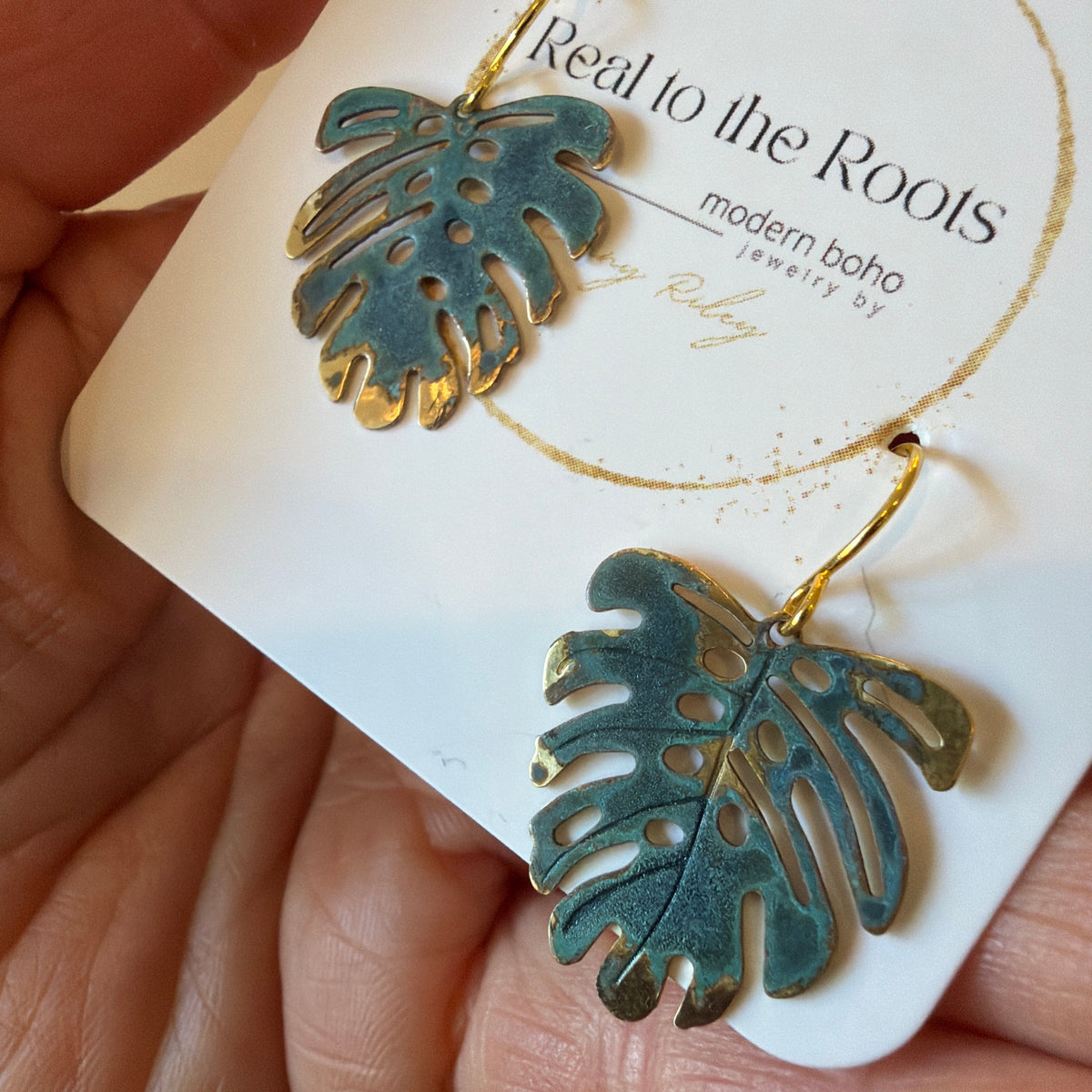 Mini Monstera Patina Earrings | Green Blue