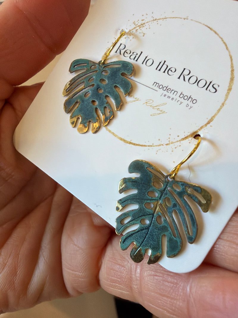 Mini Monstera Patina Earrings | Green Blue