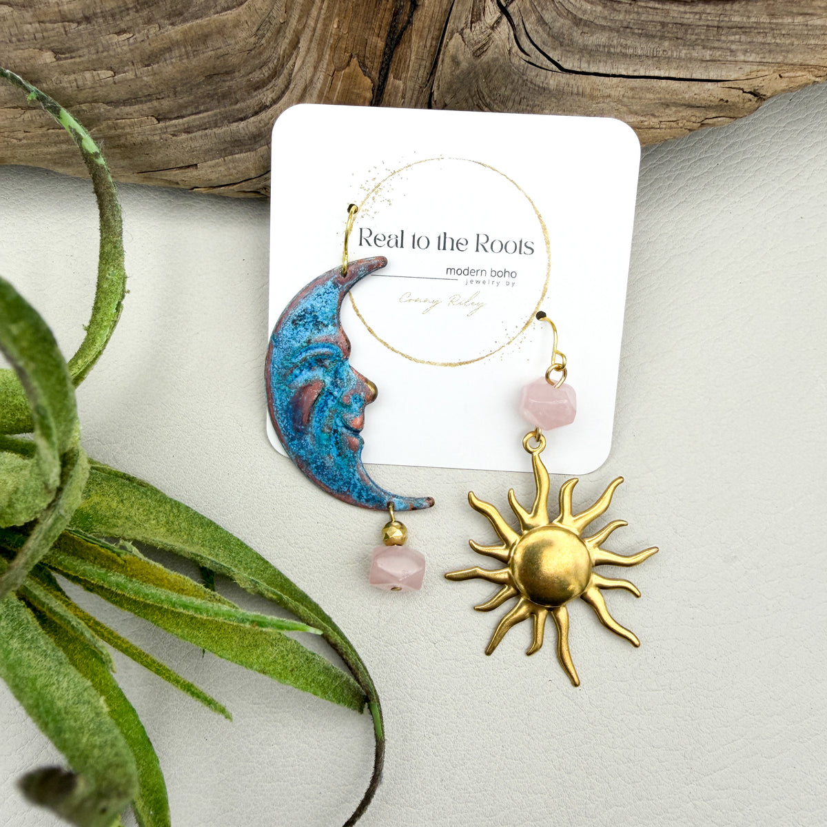 Vintage Sun and Moon | rose quartz & patina