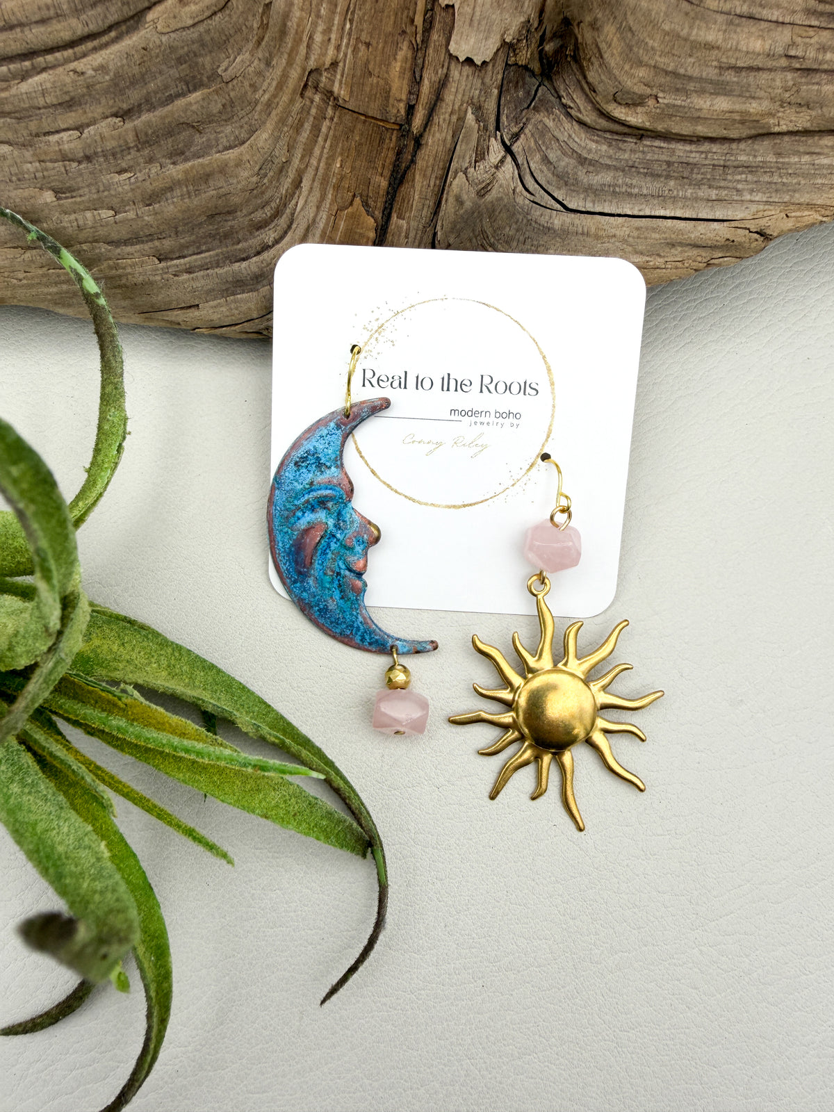 Vintage Sun and Moon | rose quartz & patina