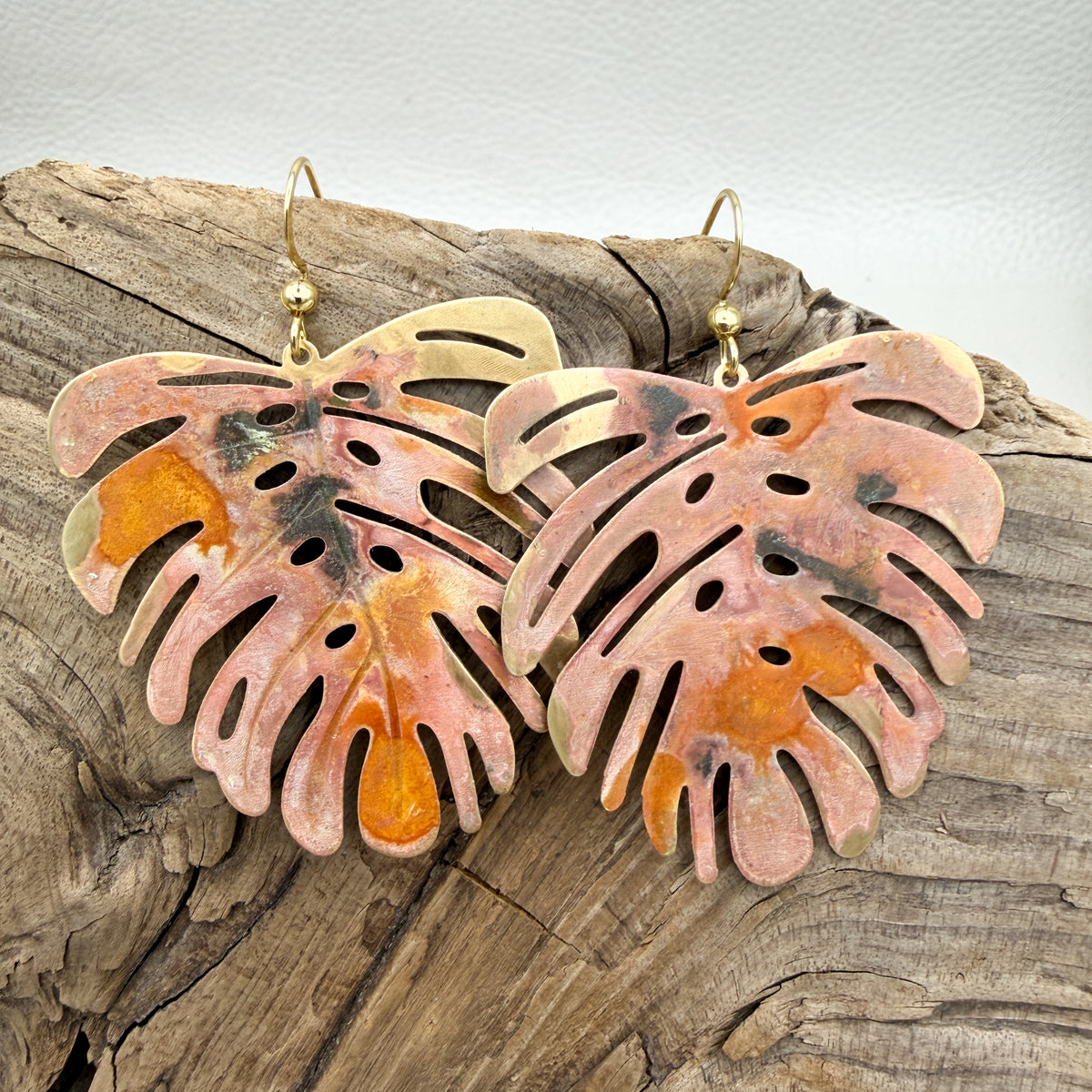 Fall Monstera Patina Earrings