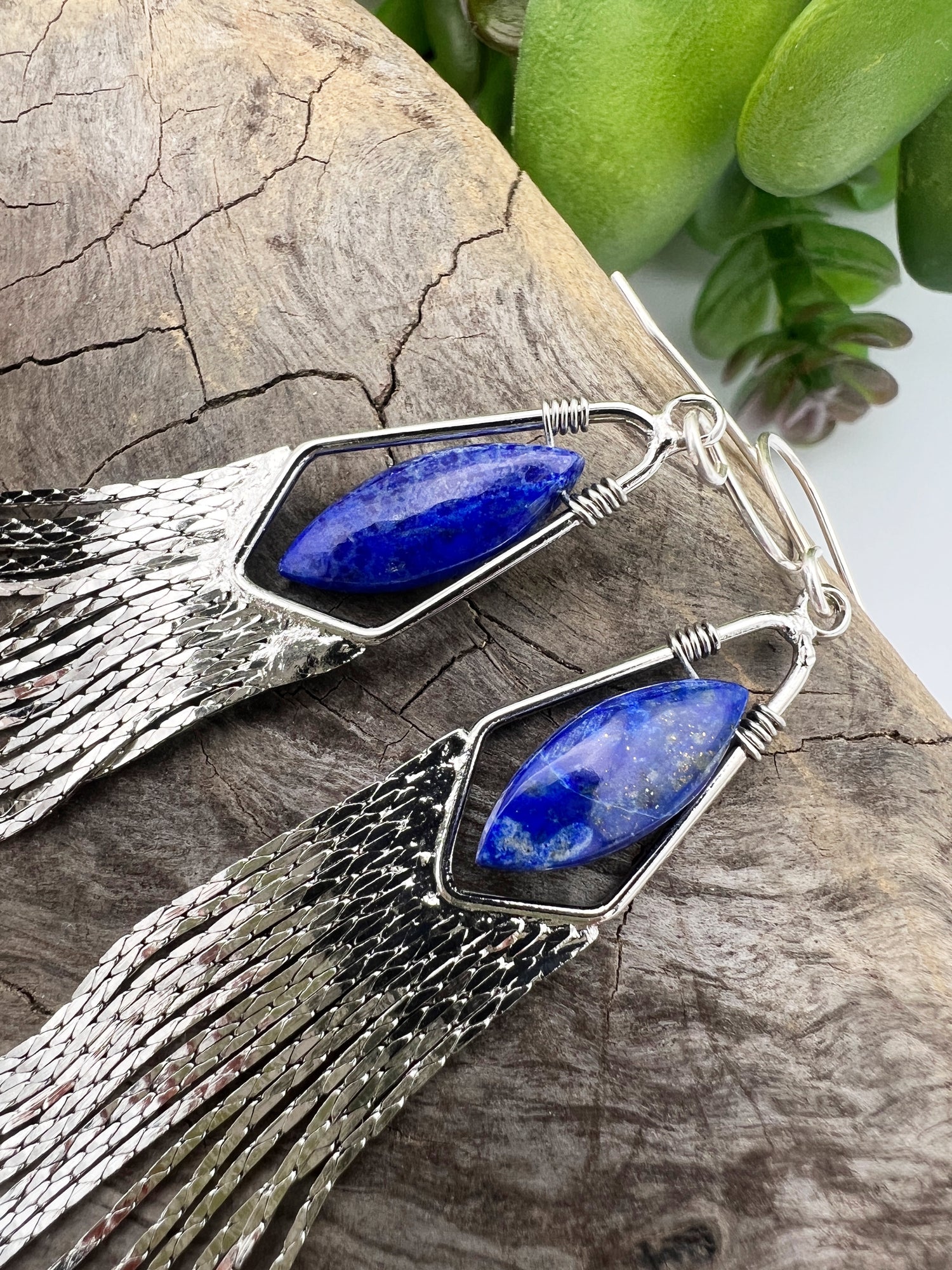 Long gemstone fringe earrings with gold or silver tassels, featuring lapis lazuli. Lightweight and shimmering.