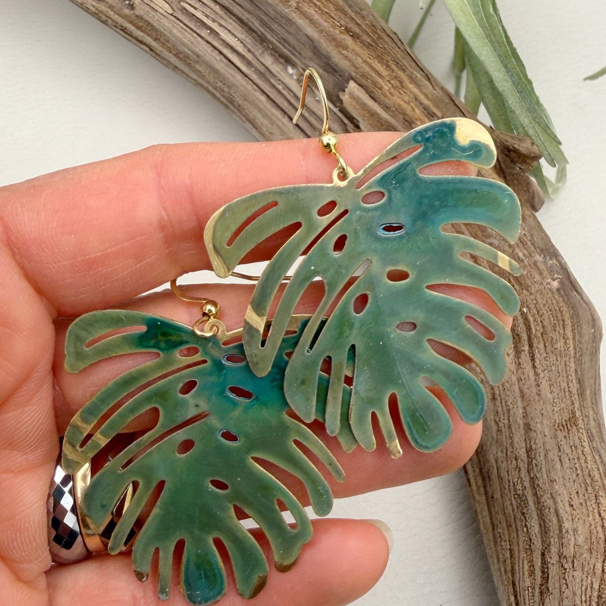 Verde Patina Monstera Earrings