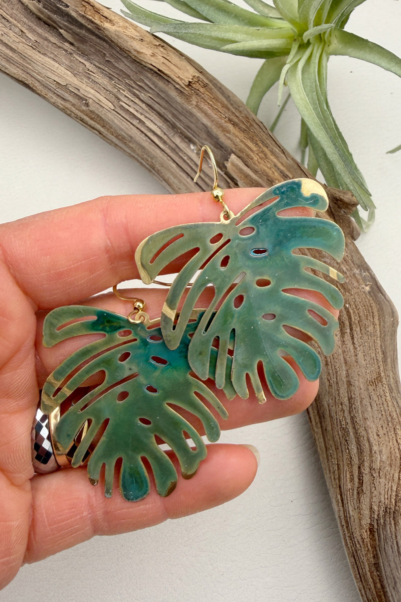 Verde Patina Monstera Earrings