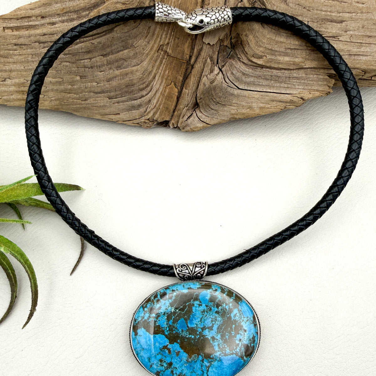 Tibetan Turquoise Leather Necklace | snake clasp