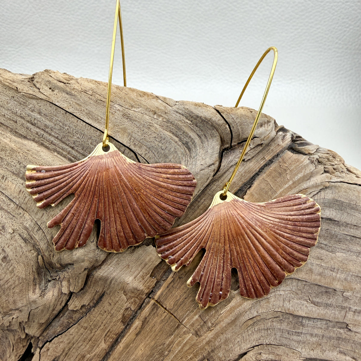 Burgundy Rust Patina Ginkgo Earrings