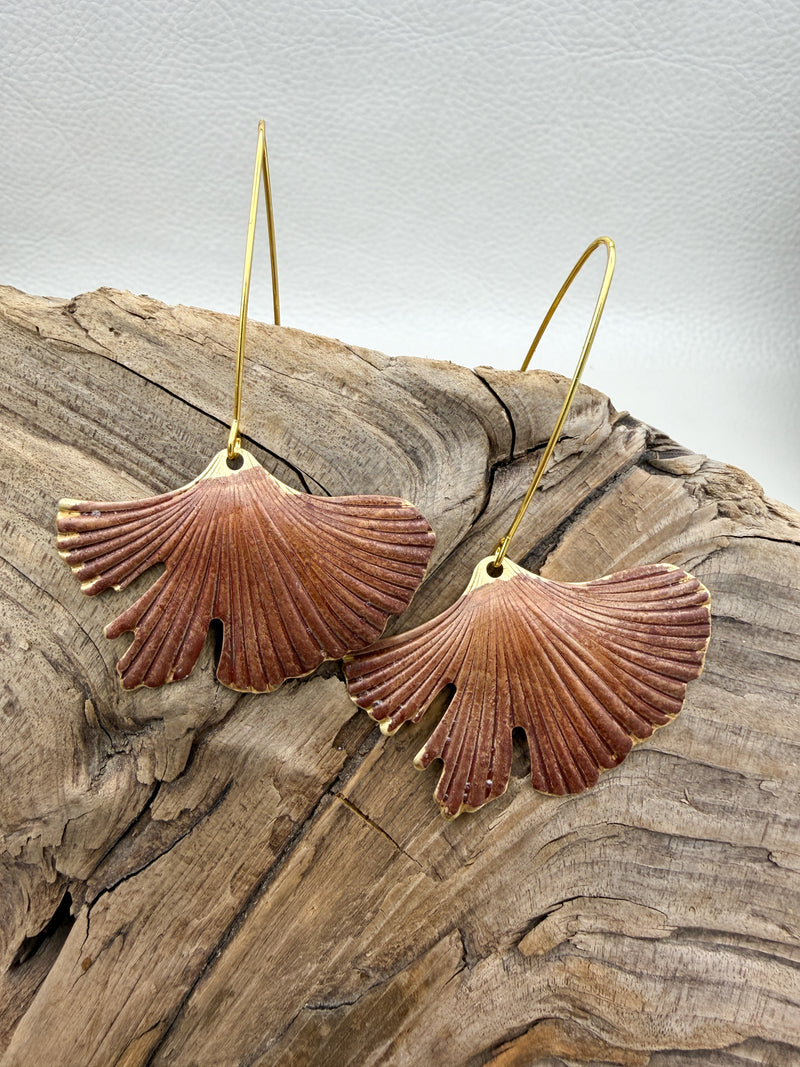 Burgundy Rust Patina Ginkgo Earrings