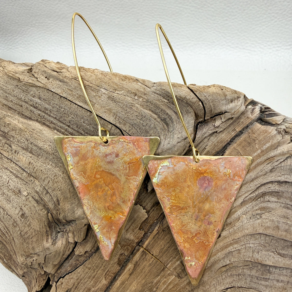 Geometric Coral Patina Triangle Earrings