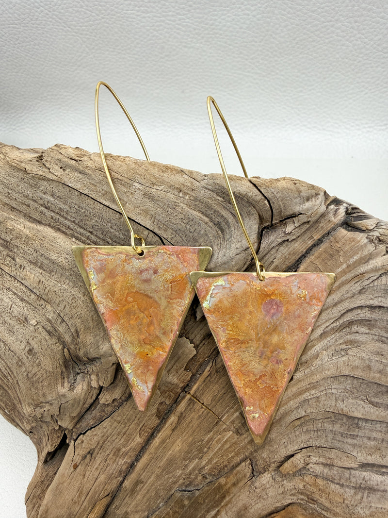 Geometric Coral Patina Triangle Earrings