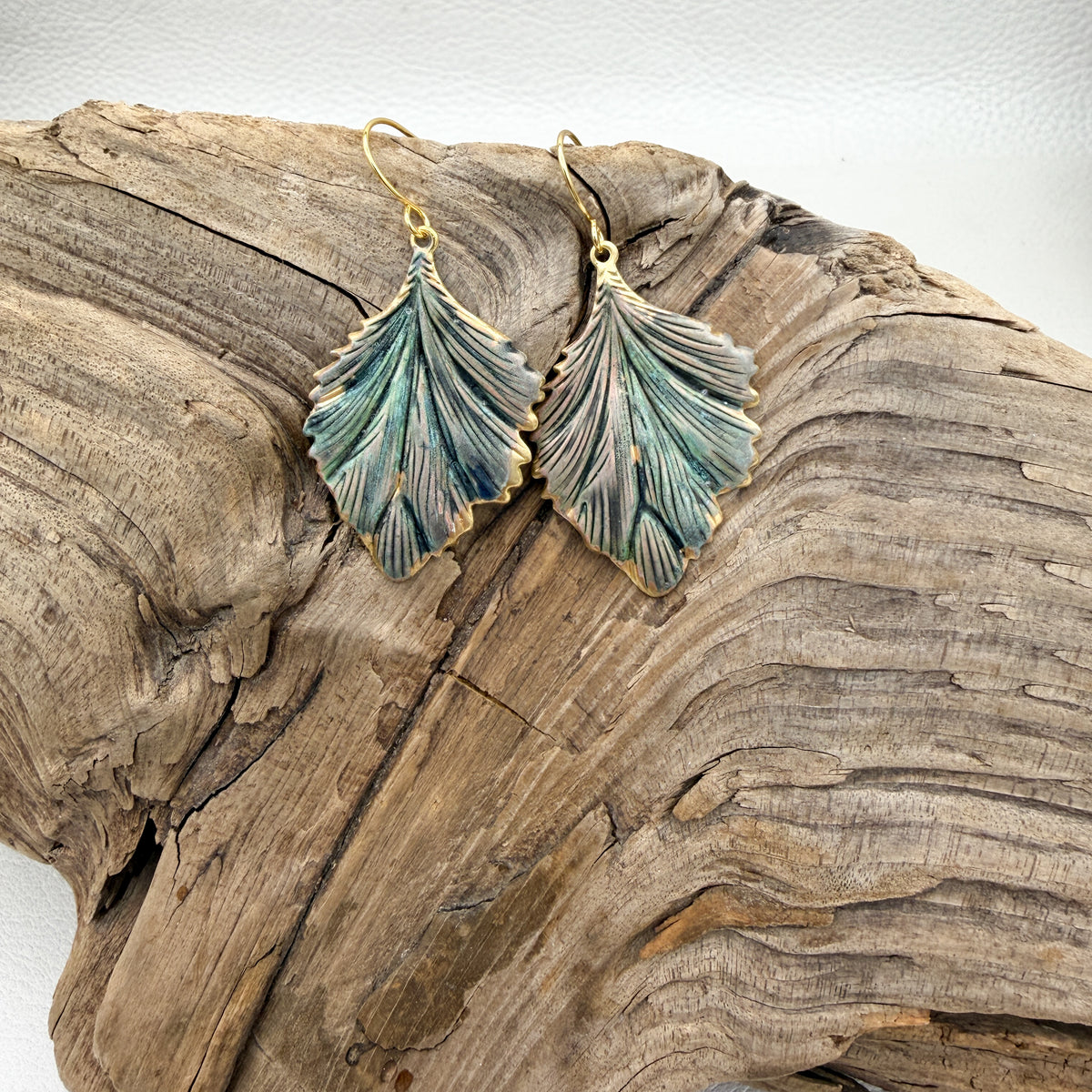 Cadet Blue Patina Leaf Earrings
