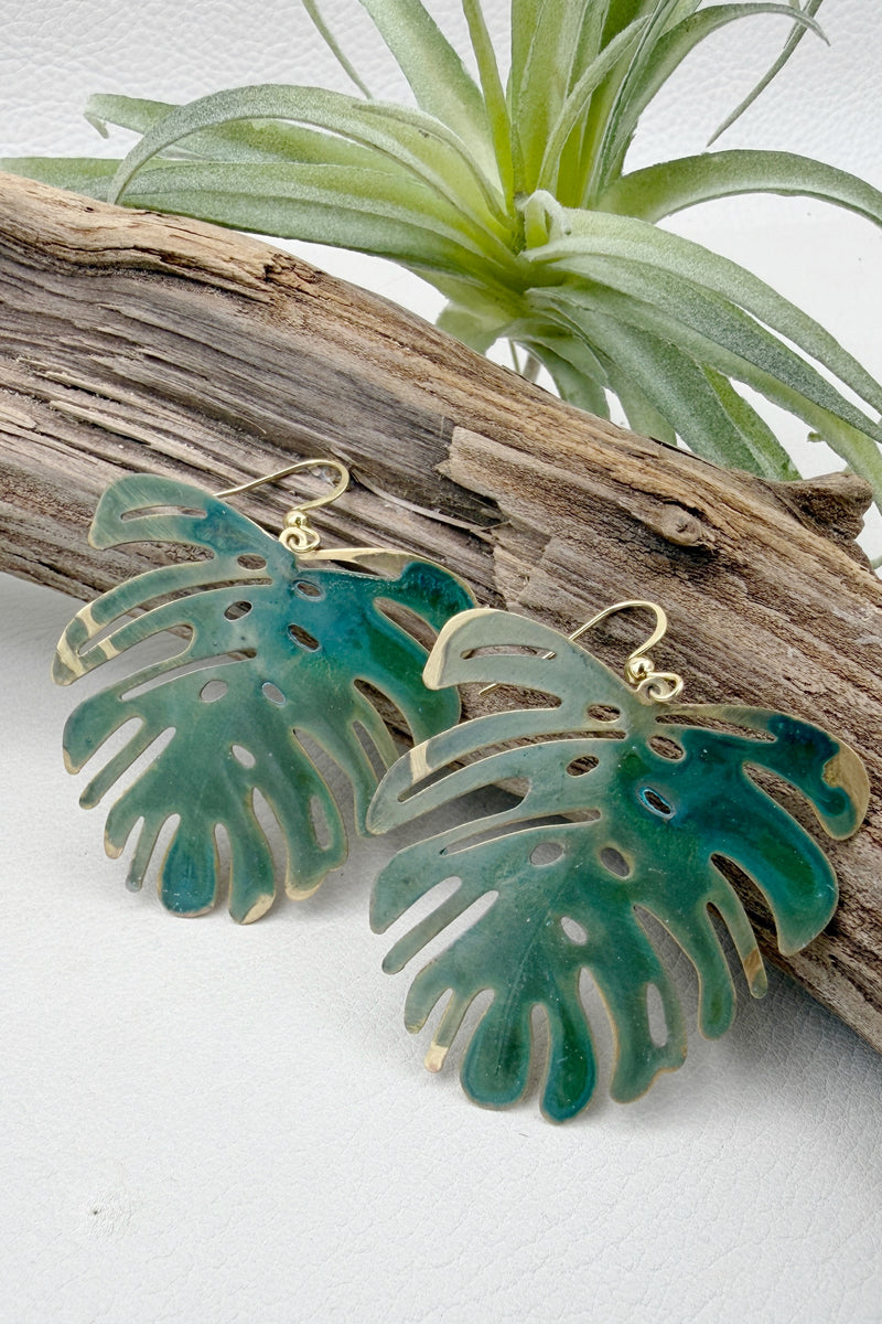 Verde Patina Monstera Earrings