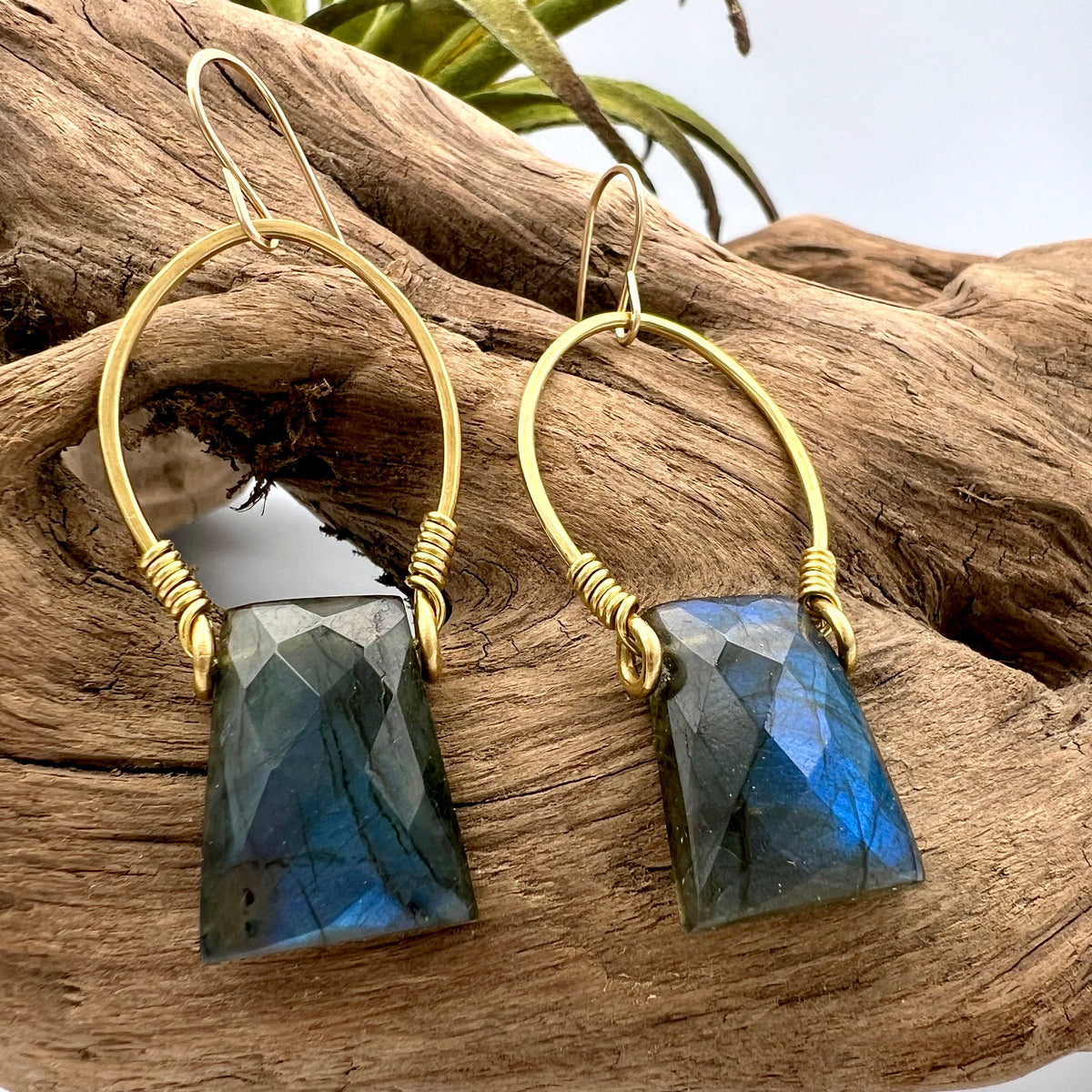 Call me Indigo | Hammered Omega Hoops with Flashy Labradorite