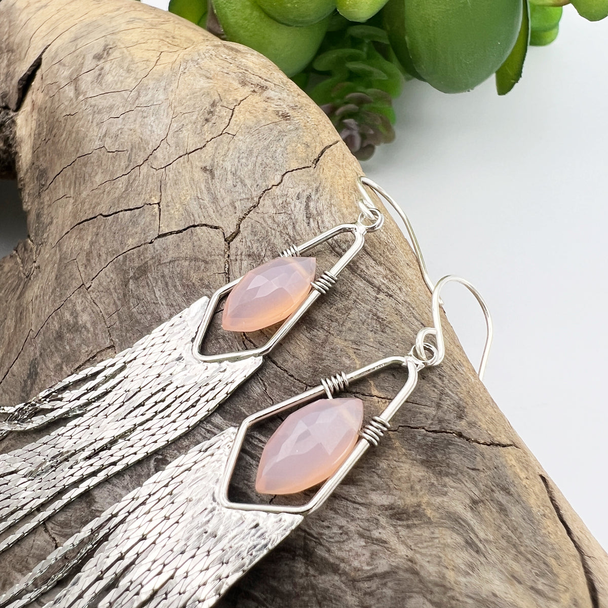 Long gemstone fringe earrings with gold or silver tassels, featuring pink  opal. Lightweight and shimmering.