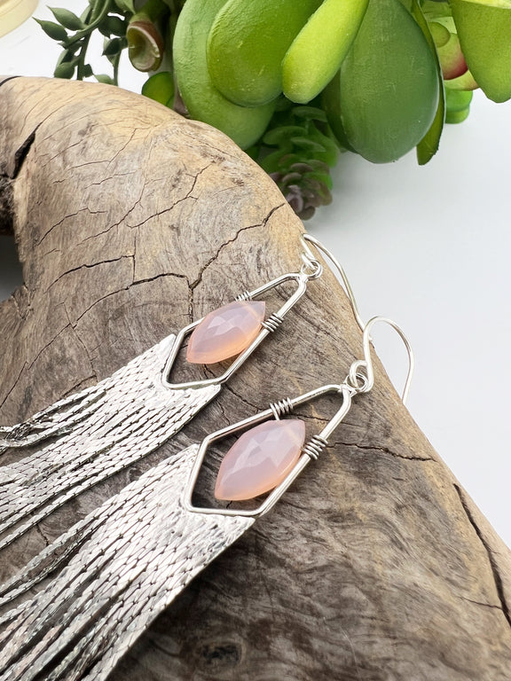 Long gemstone fringe earrings with gold or silver tassels, featuring pink  opal. Lightweight and shimmering.