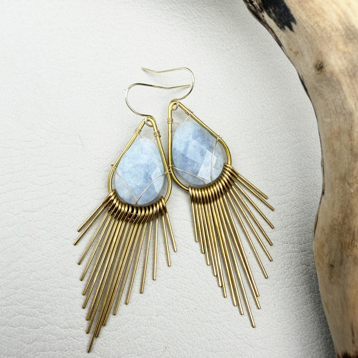 Handmade brass sunburst earrings with natural gemstone teardrops, lightweight boho statement earrings available in aquamarine, angelite, black onyx, jade, jasper and quartz.