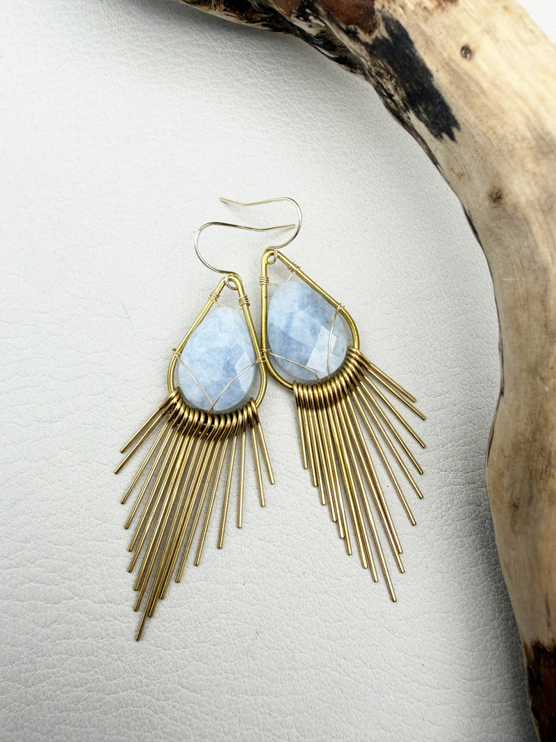 Handmade brass sunburst earrings with natural gemstone teardrops, lightweight boho statement earrings available in aquamarine, angelite, black onyx, jade, jasper and quartz.