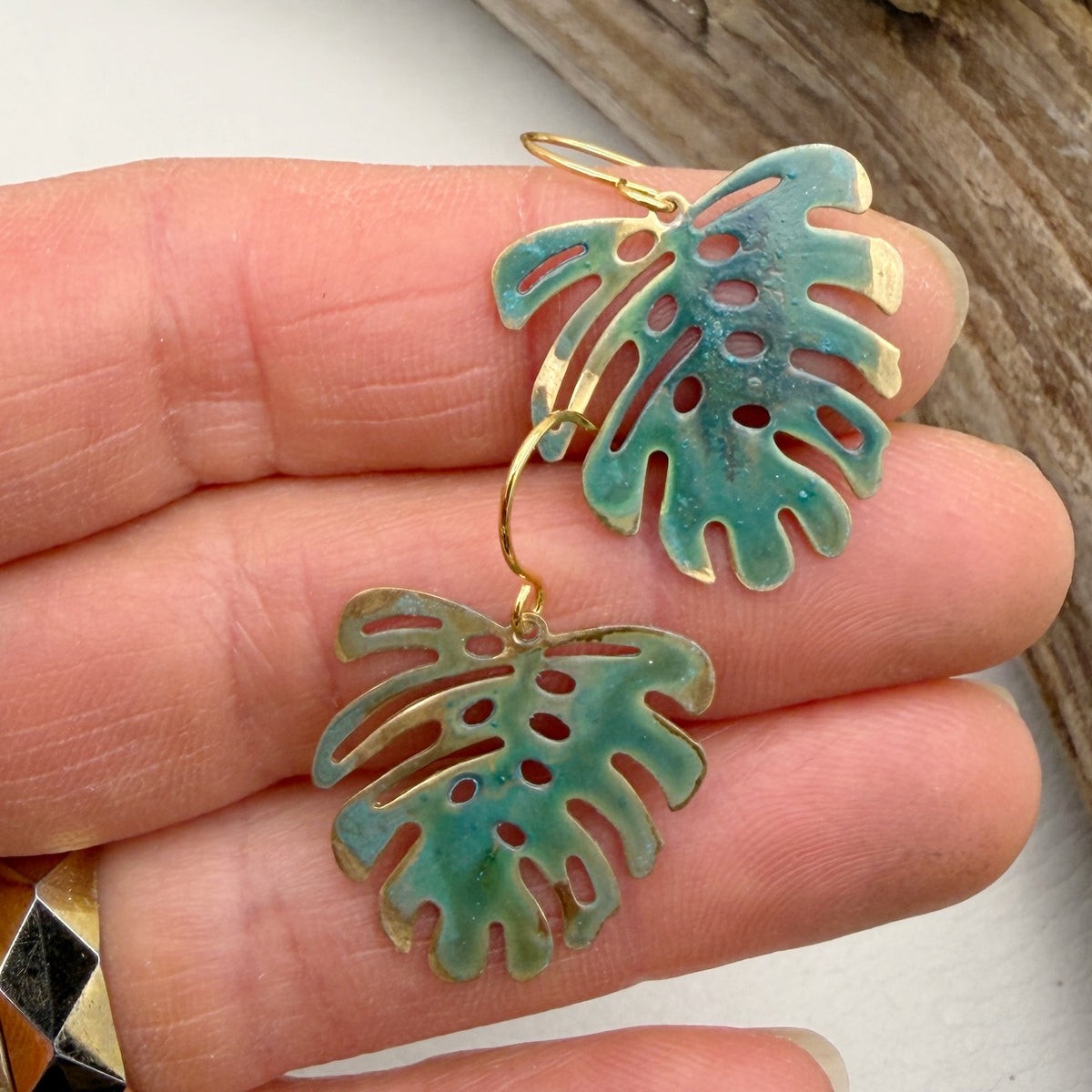 Mini Monstera Patina Earrings | Green