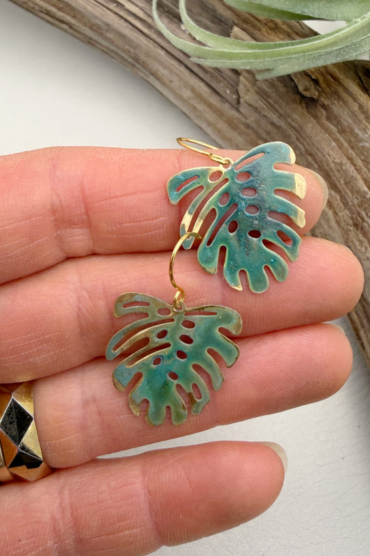 Mini Monstera Patina Earrings | Green