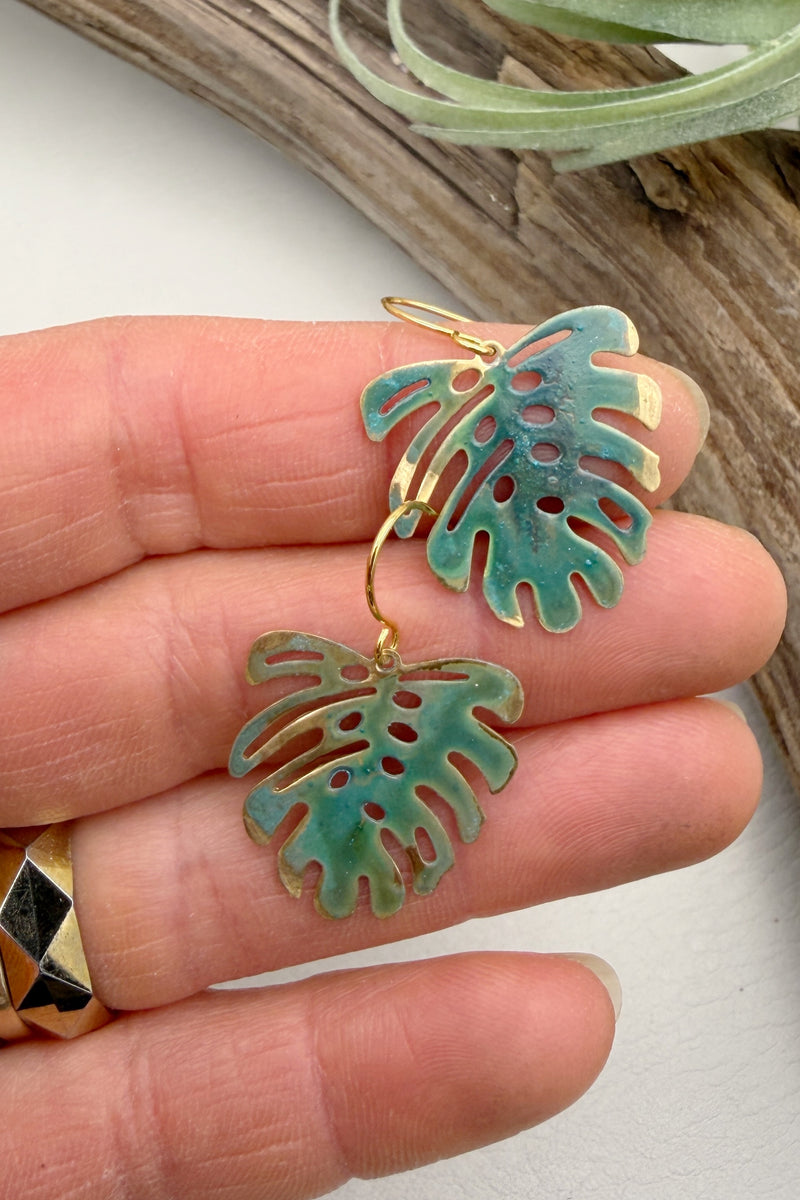 Mini Monstera Patina Earrings | Green