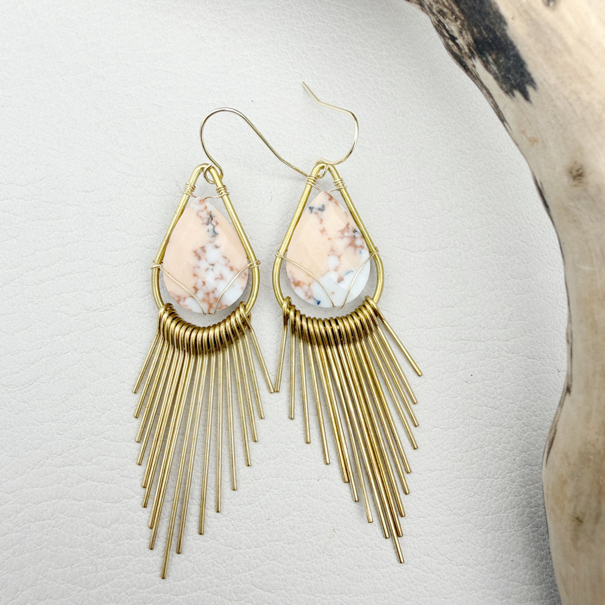 Handmade brass sunburst earrings with natural gemstone teardrops, lightweight boho statement earrings available in aquamarine, angelite, black onyx, jade, jasper and quartz.