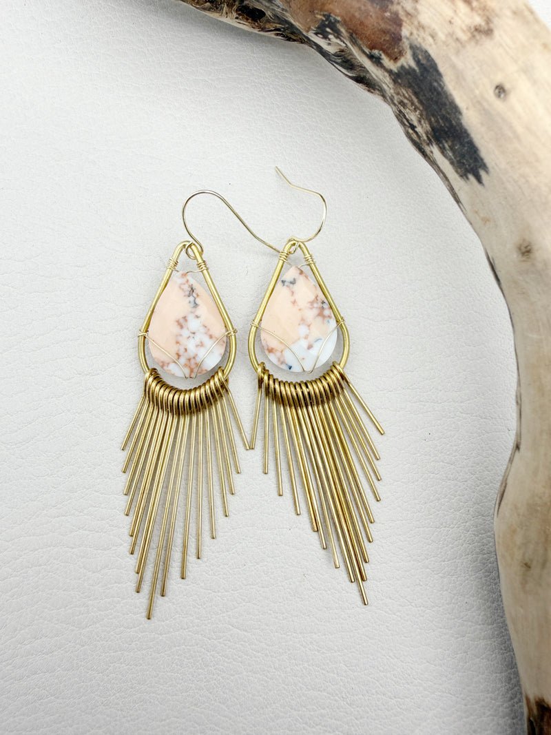 Handmade brass sunburst earrings with natural gemstone teardrops, lightweight boho statement earrings available in aquamarine, angelite, black onyx, jade, jasper and quartz.