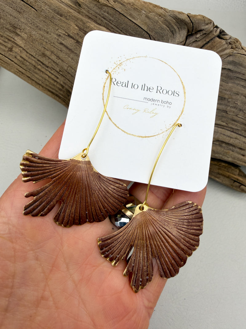 Burgundy Rust Patina Ginkgo Earrings