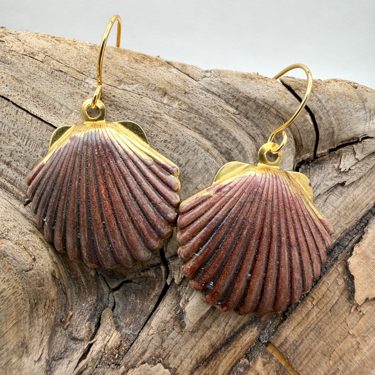 Burgundy Rust Patina Shell Earrings