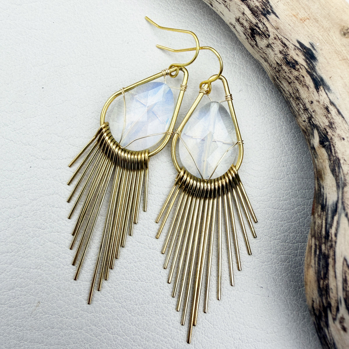 Handmade brass sunburst earrings with natural gemstone teardrops, lightweight boho statement earrings available in aquamarine, angelite, black onyx, jade, jasper and quartz.