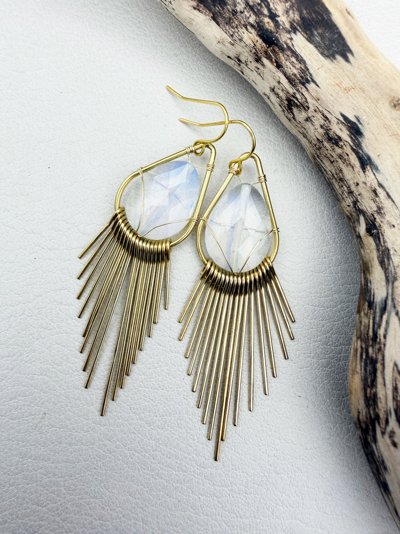 Handmade brass sunburst earrings with natural gemstone teardrops, lightweight boho statement earrings available in aquamarine, angelite, black onyx, jade, jasper and quartz.