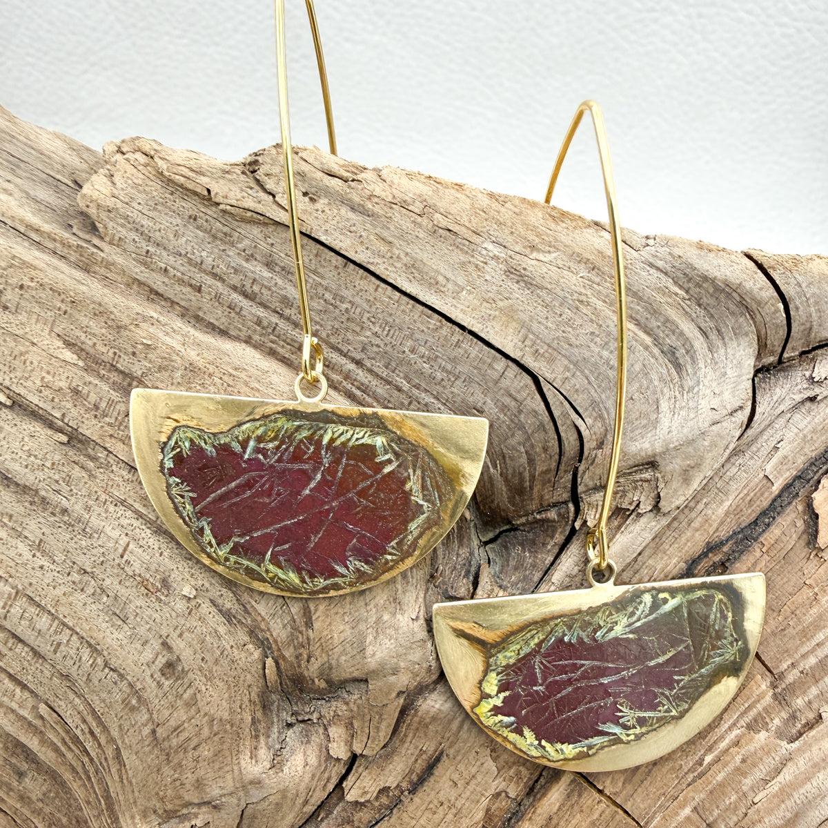 Burgundy Rust Patina Half Moon Abstract Earrings
