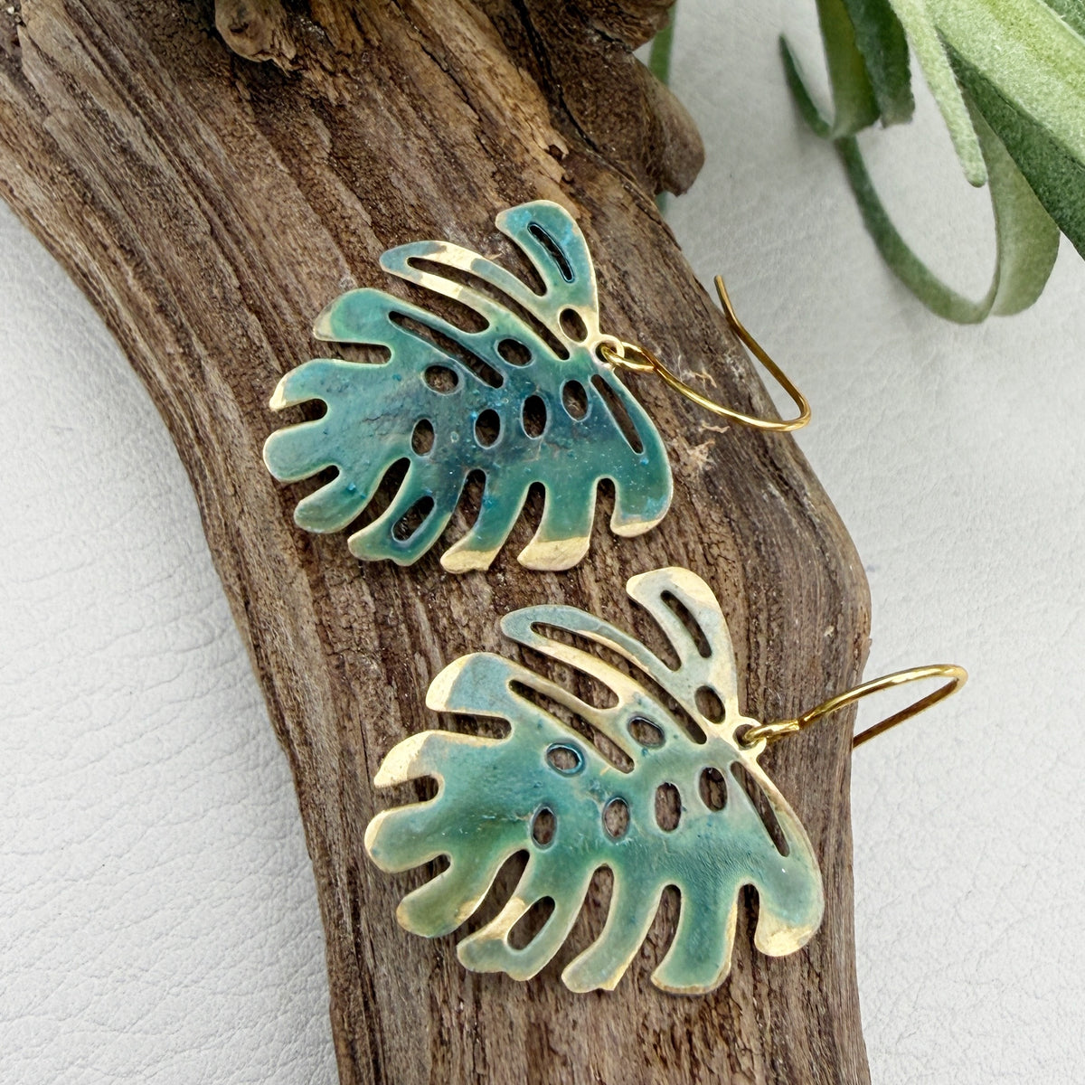 Mini Monstera Patina Earrings | Green