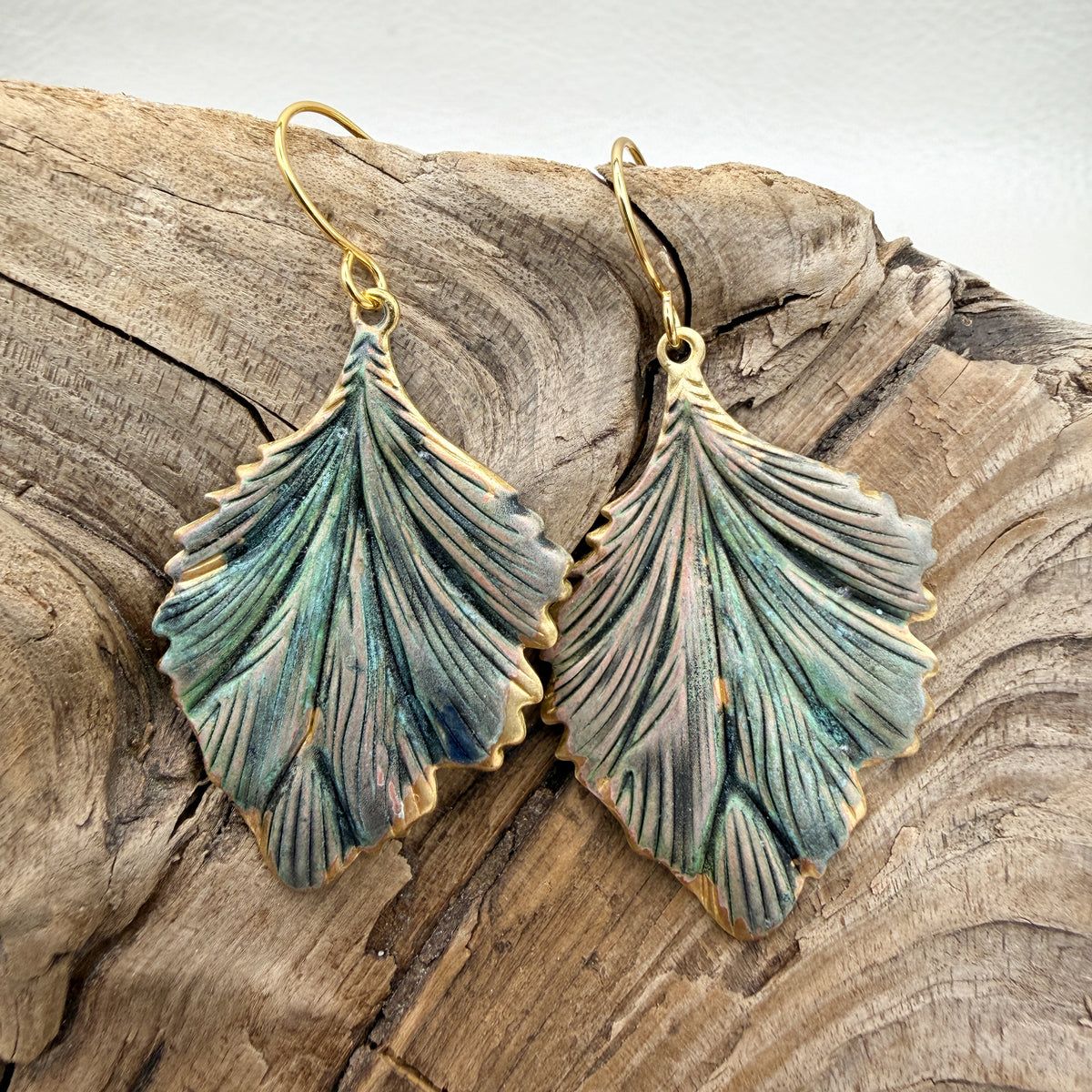 Cadet Blue Patina Leaf Earrings