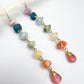 Gold chakra earrings with genuine kunzite, apatite, aquamarine, prehnite, citrine, carnelian, and watermelon quartz. 4” long, handcrafted for balance and energy.