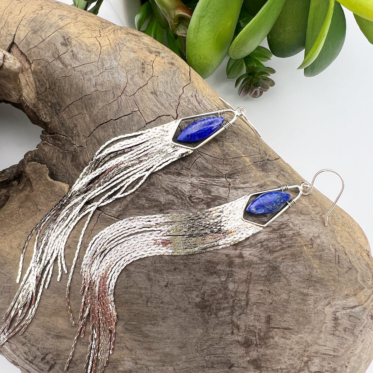 Long gemstone fringe earrings with gold or silver tassels, featuring lapis lazuli. Lightweight and shimmering.